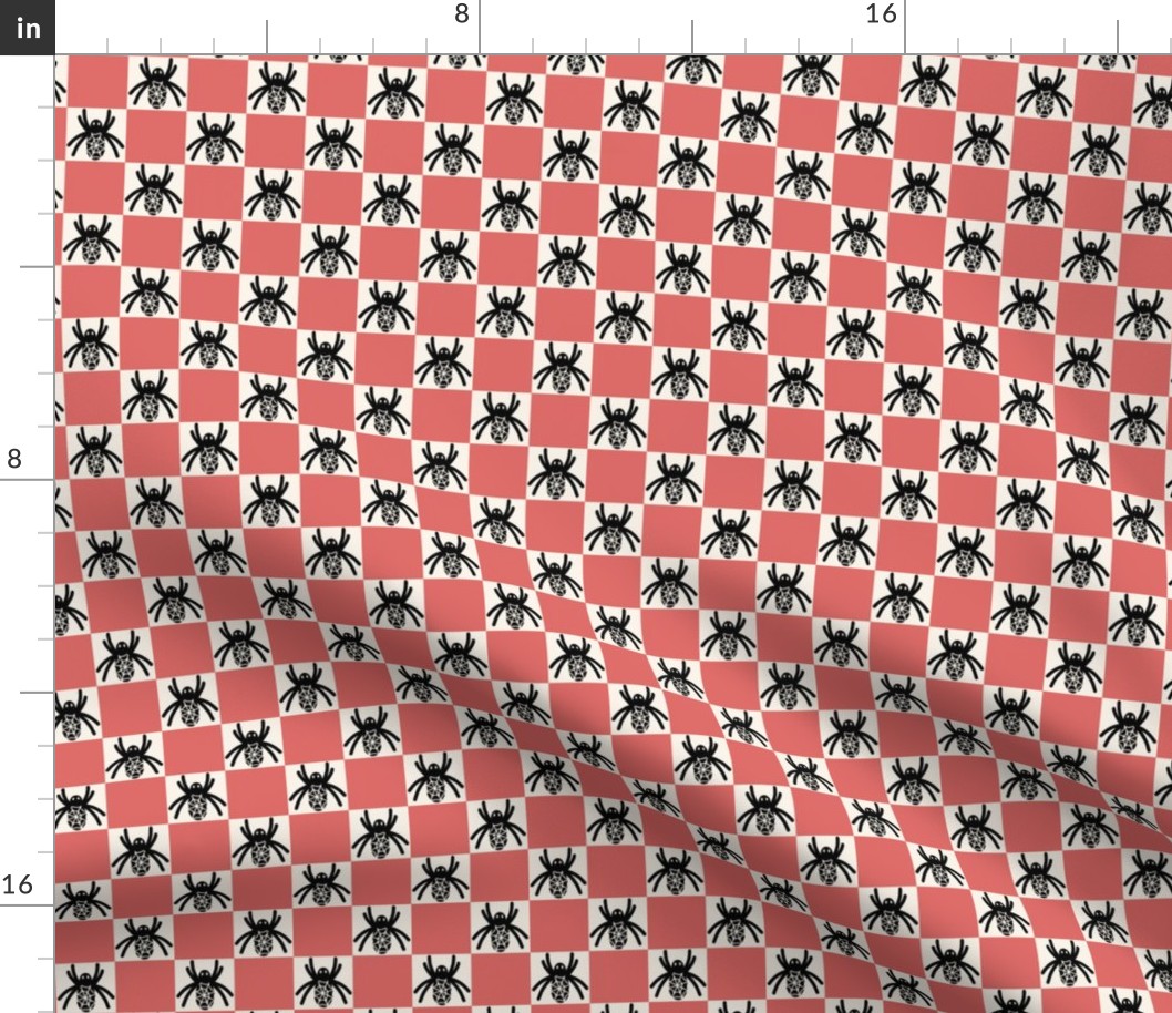 459 - Small scale Halloween black and white spider in a coral pink checkerboard for cute and scary kids apparel, trick or treat costumes, arachnid lovers, patchwork and quilting crafts.