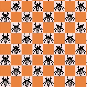 459 - Small scale Halloween black and white spider in a fresh orange checkerboard for cute and scary kids apparel, trick or treat costumes, arachnid lovers, patchwork and quilting crafts.