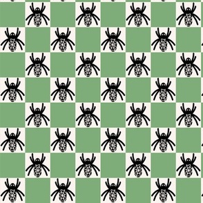 459 - Small scale Halloween black and white spider in a soft leaf green checkerboard for cute and scary kids apparel, trick or treat costumes, arachnid lovers, patchwork and quilting crafts.