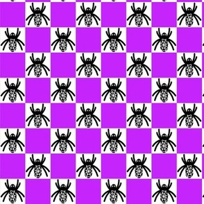 459 - Small scale Halloween black and white spider in a purple violet indigo checkerboard for cute and scary kids apparel, trick or treat costumes, arachnid lovers, patchwork and quilting crafts.