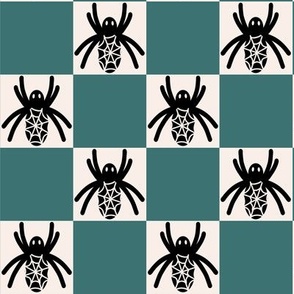 459 - Large scale black and white Halloween spider in a deep teal blue green checkerboard for cute and scary kids apparel,, trick or treat costumes, arachnid lovers, patchwork and quilting crafts.