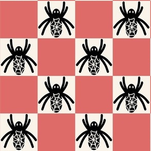 459 - Large scale black and white Halloween spider in a watermelon coral pink checkerboard for cute and scary kids apparel,, trick or treat costumes, arachnid lovers, patchwork and quilting crafts.