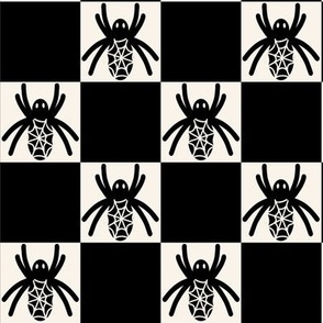 459 - Large scale black and white  Halloween spider in checkerboard for cute and scary kids apparel,, trick or treat costumes, arachnid lovers, patchwork and quilting crafts.