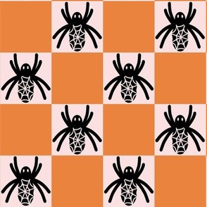 459 - Large scale black and white Halloween spider in a zesty orange checkerboard for cute and scary kids apparel,, trick or treat costumes, arachnid lovers, patchwork and quilting crafts.