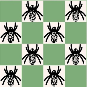 459 - Large scale black and white Halloween spider in a spring green checkerboard for cute and scary kids apparel,, trick or treat costumes, arachnid lovers, patchwork and quilting crafts.