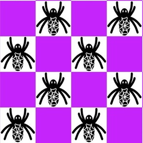 459 - Large scale black and white Halloween spider in a purple violet indigo checkerboard for cute and scary kids apparel,, trick or treat costumes, arachnid lovers, patchwork and quilting crafts.