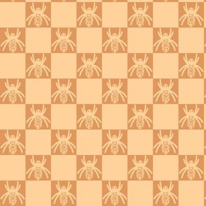 453 - Small scale pale orange mustard monochromatic Halloween scary fat spiders in checkerboard pattern  for kids apparel, Halloween costumes, home décor, table linen, tablecloths, runners,  table napkins, patchwork and quilting.