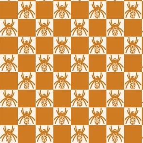 459 - Small scale monochromatic burnt orange/mustard ochre Halloween scary fat spiders in checkerboard pattern  for kids apparel, Halloween costumes, home décor, table linen, tablecloths, runners,  table napkins, patchwork and quilting.