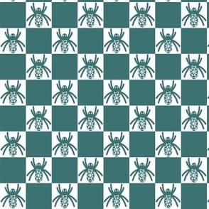 459 - Small scale deep sage teal green monochromatic Halloween scary fat spiders in checkerboard pattern  for kids apparel, Halloween costumes, home décor, table linen, tablecloths, runners,  table napkins, patchwork and quilting.