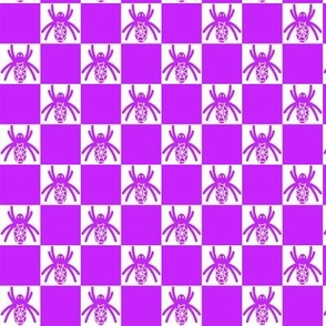 459 - Small scale monochromatic  purple mauve violet Halloween scary fat spiders in checkerboard pattern  for kids apparel, Halloween costumes, home décor, table linen, tablecloths, runners,  table napkins, patchwork and quilting
