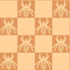 459 - Medium scale pale orange mustard monochromatic Halloween scary fat spiders in checkerboard pattern  for kids apparel, Halloween costumes, home décor, table linen, tablecloths, runners,  table napkins, patchwork and quilting.