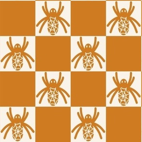 459 - Medium scale monochromatic burnt orange/mustard ochre Halloween scary fat spiders in checkerboard pattern  for kids apparel, Halloween costumes, home décor, table linen, tablecloths, runners,  table napkins, patchwork and quilting.