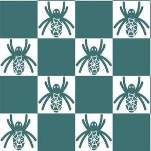 459 - Medium scale deep sage teal green monochromatic Halloween scary fat spiders in checkerboard pattern  for kids apparel, Halloween costumes, home décor, table linen, tablecloths, runners,  table napkins, patchwork and quilting.