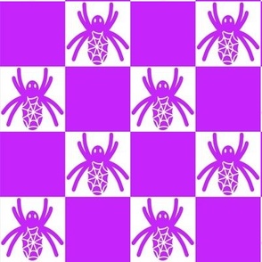 459 - Medium scale monochromatic  purple mauve violet Halloween scary fat spiders in checkerboard pattern  for kids apparel, Halloween costumes, home décor, table linen, tablecloths, runners,  table napkins, patchwork and quilting.