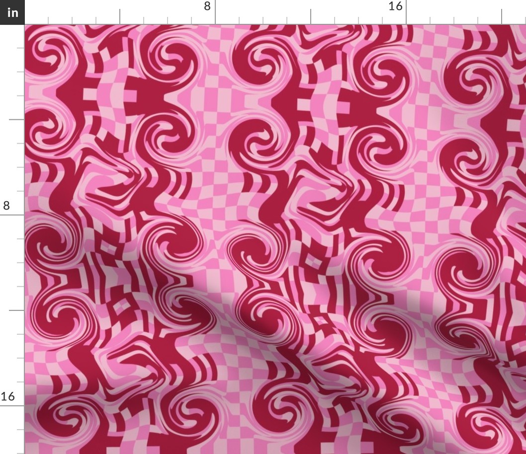 Surreal  Swirly Checked Teddy Bear  Stripes in Red and Pink
