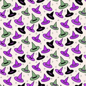 455 - Small  scale violet purple, sage green, black and off white cute spooky scary witch hats with polka dot textures for kids apparel, bed linen, Halloween party costumes, autumn table décor, fall tablecloth,  children's cozy winter pyjamas, fun dress u