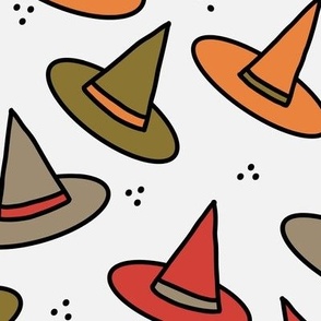 455 - Medium scale khaki green, olive, red and mustard cute spooky scary witch hats with polka dot textures for kids apparel, bed linen, Halloween party costumes, autumn table décor, fall tablecloth,  children's cozy winter pyjamas, fun dress ups.