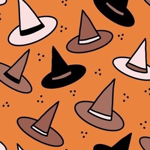 455 - Medium scale orange, black, brown and pale pink cute spooky scary witch hats with polka dot textures for kids apparel, bed linen, Halloween party costumes, autumn table décor, fall tablecloth,  children's cozy winter pyjamas, fun dress ups.