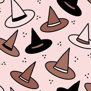 455 - Medium scale pink, black and chocolate brown cute spooky scary witch hats with polka dot textures for kids apparel, bed linen, Halloween party costumes, autumn table décor, fall tablecloth,  children's cozy winter pyjamas, fun dress ups.