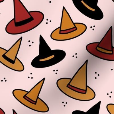 455 - Medium scale pink, maroon, mustard and black  cute spooky scary witch hats with polka dot textures for kids apparel, bed linen, Halloween party costumes, autumn table décor, fall tablecloth,  children's cozy winter pyjamas, fun dress ups.