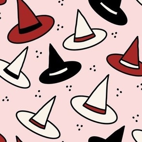 455 - Medium scale  black, white, pink and maroon cute spooky scary witch hats with polka dot textures for kids apparel, bed linen, Halloween party costumes, autumn table décor, fall tablecloth,  children's cozy winter pyjamas, fun dress ups.