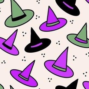 455 - Medium scale violet purple, sage green, black and off white cute spooky scary witch hats with polka dot textures for kids apparel, bed linen, Halloween party costumes, autumn table décor, fall tablecloth,  children's cozy winter pyjamas, fun dress u