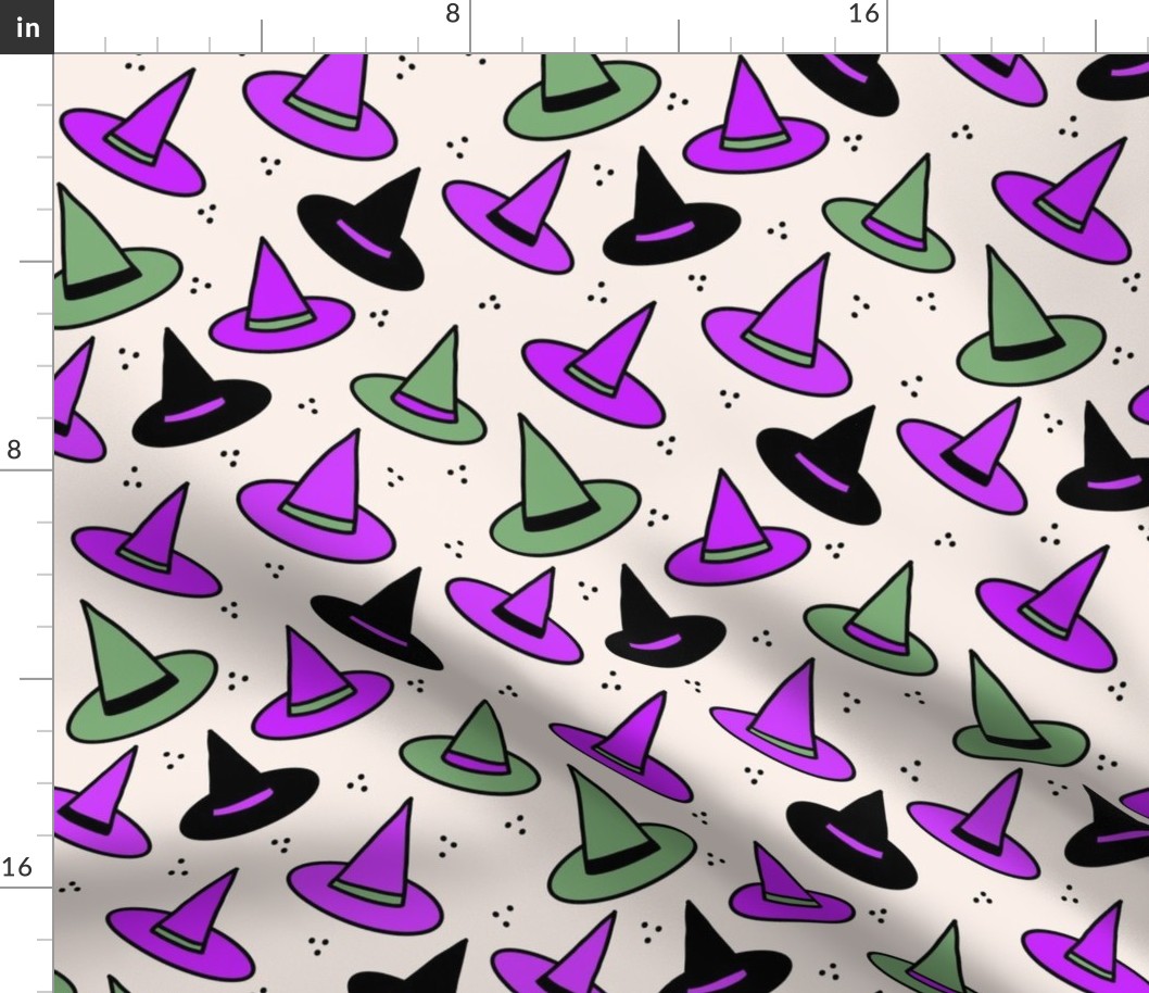 455 - Medium scale violet purple, sage green, black and off white cute spooky scary witch hats with polka dot textures for kids apparel, bed linen, Halloween party costumes, autumn table décor, fall tablecloth,  children's cozy winter pyjamas, fun dress u