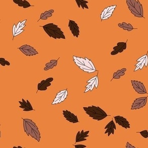 461 - Small scale October windblown floating oak and chestnut leaves in earth colors of brown, orange and off white for kids apparel, seasonal decor, tablecloths, runner, napkins, loot bags