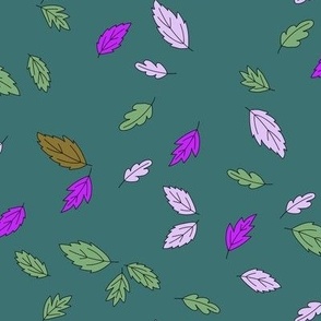461 - Small scale October windblown floating oak and chestnut leaves in deep teal, leaf green and violet, deep crimson red  for kids apparel, seasonal decor, tablecloths, runner, napkins, loot bags