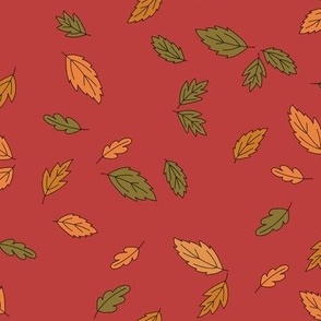 461 - Small scale October windblown floating oak and chestnut leaves in golden ochre mustard, olive green, deep crimson red  for kids apparel, seasonal decor, tablecloths, runner, napkins, loot bags