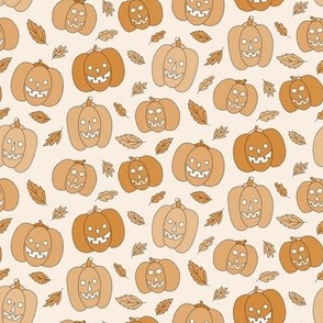 336 - Small scale Halloween scary spooky jack-o-lantern pumpkins squash  in warm mustard taupe for party costumes, kids apparel ,seasonal decor, tablecloths, runners, napkins ,loot bags