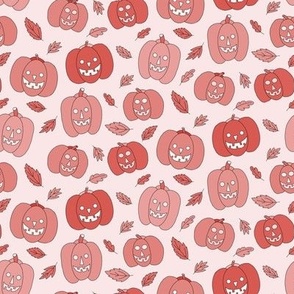 336 - Small scale Halloween scary spooky jack-o-lantern pumpkins squash  in  monochromatic warm coral pink for party costumes, kids apparel ,seasonal decor, tablecloths, runners, napkins ,loot bags