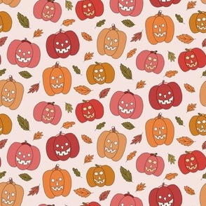336 - Small scale Halloween scary spooky jack-o-lantern pumpkins squash  in warm pink, mustards, oranges and corals and green for party costumes, kids apparel ,seasonal decor, tablecloths, runners, napkins ,loot bags