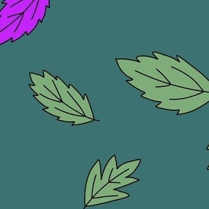 461 - Large scale October windblown floating oak and chestnut leaves in deep jade teal green and violet purple for kids apparel seasonal decor table cloth runner napkins loot bags