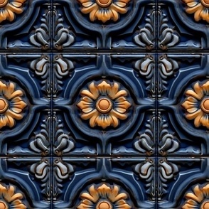 Cobalt and Mustard Tuscan Floral Tile