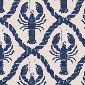Lobster Stamp Damask - Coastal Chic Collection (Navy Blue on White)