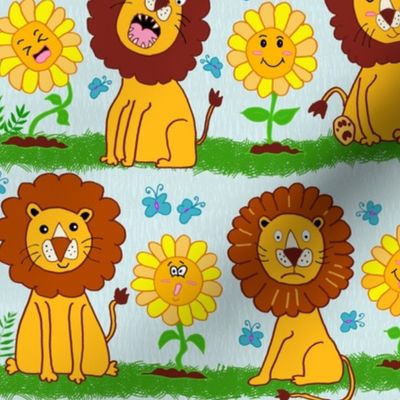 Cute Funny Faces Lions & Sunflowers in Blue Pallet
