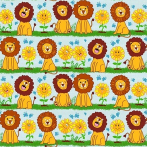 Cute Funny Faces Lions & Sunflowers in Blue Pallet