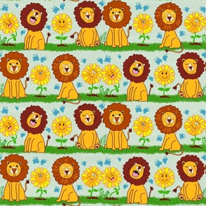 Cute Funny Faces Lions & Sunflowers in Green Pallet