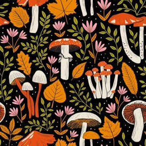 Mushrooms and Foliage - Red, Orange and Black - Large Scale