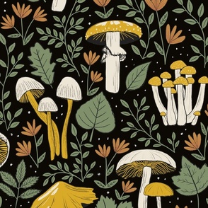 Mushrooms and Foliage - Yellow, Green and Black - Large Scale 