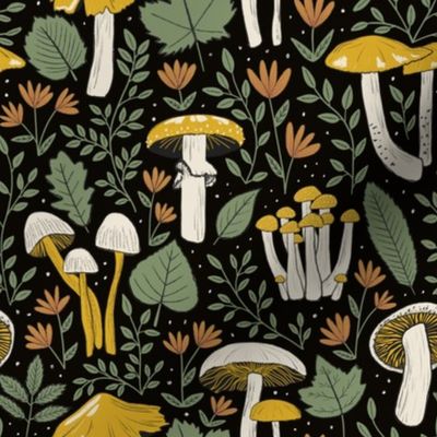 Mushrooms and Foliage - Yellow, Green and Black - Small scale 