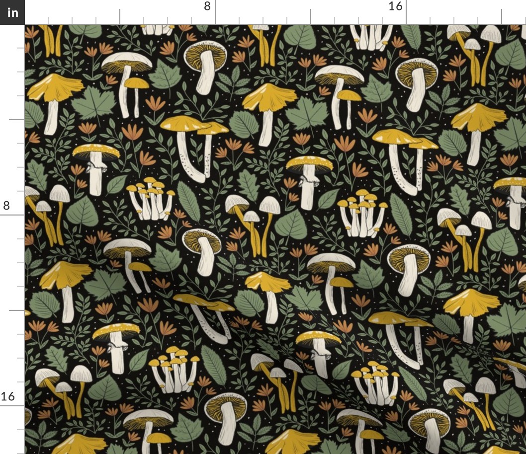 Mushrooms and Foliage - Yellow, Green and Black - Small scale 