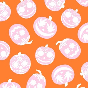 Cute Pink Halloween Pumpkins on Orange - Tossed - Large Scale