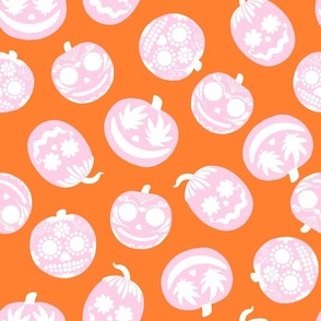 Cute Pink Halloween Pumpkins on Orange - Tossed - Medium Scale