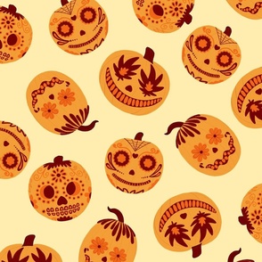 Cute Halloween Pumpkins on Cream - Tossed - Large Scale