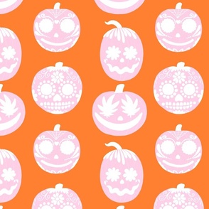 Cute Pink Halloween Pumpkins on Orange - Vertical - Large Scale