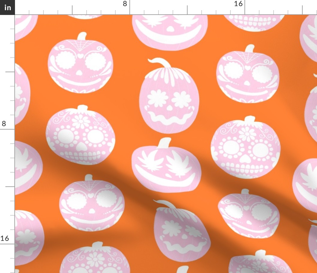 Cute Pink Halloween Pumpkins on Orange - Vertical - Large Scale