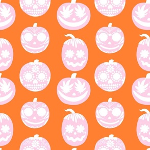 Cute Pink Halloween Pumpkins on Orange - Vertical - Medium Scale