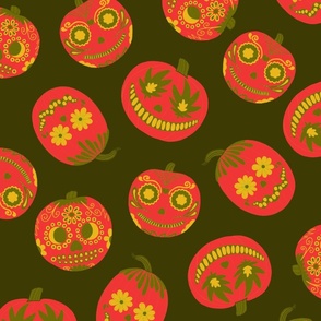 Pink Halloween Pumpkins on Green - Large Scale